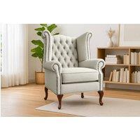 Somnior Chesterfield Queen Anne Scrolled Arm Chair Sherpa Fabric in Light Grey | Size: 1 Seater