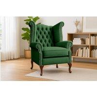 Somnior Chesterfield Queen Anne Scrolled Arm Chair Sherpa Fabric in Green | Size: 1 Seater