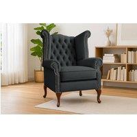 Somnior Chesterfield Queen Anne Scrolled Arm Chair Sherpa Fabric in Black | Size: 1 Seater