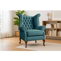 Somnior Chesterfield Queen Anne Scrolled Arm Chair Sherpa Fabric in Turquoise | Size: 1 Seater