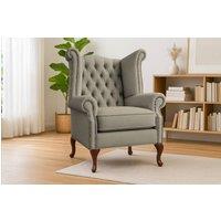 Somnior Chesterfield Queen Anne Scrolled Arm Chair Sherpa Fabric in Stone | Size: 1 Seater