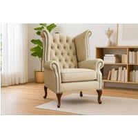 Somnior Chesterfield Queen Anne Scrolled Arm Chair Dapple Fabric in Cream | Size: 1 Seater
