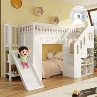 BTM Children bunk loft bed with storage stairs, safety guard & LED light in White | Size: Single