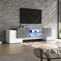 BTM LED TV Stand with 4 Doors & Open Storage, White & Grey