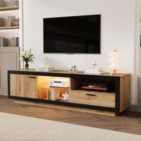 BTM LED TV Stand with Drawer, Door & Open Shelves, Wood & Black in Brown