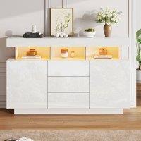 Merax White Sideboard with LED, Buffet Cabinet with 3 Drawers & 2 Doors