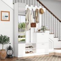 Merax 5-in-1 Hall Tree with Full-Length Mirror, Coat Rack with Shoe Bench in White