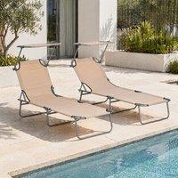 STILVORA Sun Lounger Set of 2 with Adjustable Canopy Brown in Beige