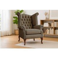 Somnior Chesterfield Queen Anne Scrolled Arm Chair Dapple Fabric in Chocolate | Size: 1 Seater