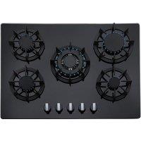 SIA 70cm 5 Burner Black Glass Gas Hob With Cast Iron Pan Stands & Wok Burner