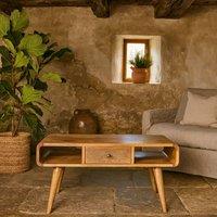 Wyld Haus Urbino Curved Oak Mango Wood Coffee Table 2 Drawers Open Shelves in Brown