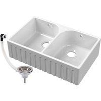 Balterley Fireclay Double Bowl Fluted Front Butler Kitchen Sink, Chrome in White