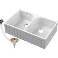 Balterley Fireclay Double Bowl Front Butler Kitchen Sink, Brushed Brass, 795mm in White