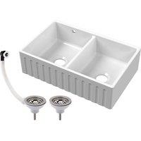 Balterley Fireclay Ceramic Double Bowl Fluted Butler Kitchen Sink, Chrome in White