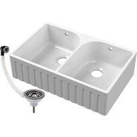Balterley Fireclay Double Bowl Fluted Front Butler Kitchen Sink, Brushed Pewter in White