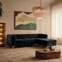 Sofaya Monaco Chesterfield 3 Seater Sofa Velvet Right Hand L Shaped Chaise in Black