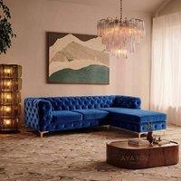 Sofaya Monaco Chesterfield 3 Seater Sofa Velvet Right Hand L Shaped Chaise in Blue