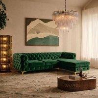 Sofaya Monaco Chesterfield 3 Seater Sofa Velvet Right Hand L Shaped Chaise in Green
