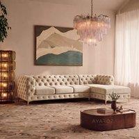 Sofaya Monaco Chesterfield 4 Seater Sofa Velvet Right Hand L Shaped Chaise in Cream | Size: 4 Person