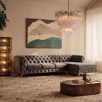 Sofaya Monaco Chesterfield 4 Seater Sofa Velvet Right Hand L Shaped Chaise in Grey | Size: 4 Person