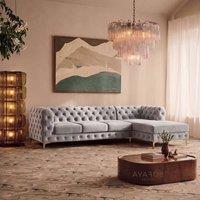 Sofaya Monaco Chesterfield 4 Seater Sofa Velvet Right Hand L Shaped Chaise in Light Grey | Size: 4 Person