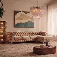 Sofaya Monaco Chesterfield 4 Seater Sofa Velvet Right Hand L Shaped Chaise in Light Brown | Size: 4 Person