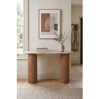 IH Design Upton Natural Marble & Wood Pedestal Console Table in Brown
