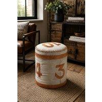 IH Design Stool Retro Canvas & Leather Ottoman Fully Assembled in Light Sand