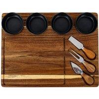KDMD Acacia Cheese Board Set with Grey Ceramic Bowls & Cutlery in Brown