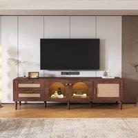 Merax Brown Walnut TV Stand with Rattan Doors, Arched Glass & LED Lights