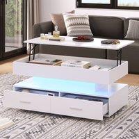 Merax Modern Hydraulic Lift-Top Coffee Table with LED & 2 Drawers in White