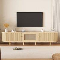 Merax Oval Rattan TV Stand for TVs up to 70 Inch with Sliding Doors & Drawer in Light Oak