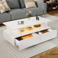 Merax Rectangular LED Coffee Table with 2 Drawers & Open Storage Compartment in White