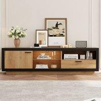 Merax Industrial Oak & Black LED TV Stand with Drawer & Glass Shelves in Natural