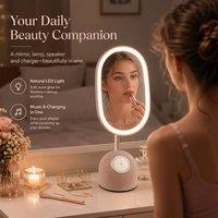 BluCore Smart Makeup Mirror 360 rotating 3-in-1 LED with Bluetooth Speaker in Beige