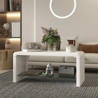 EONLION High Gloss Coffee Table with Glass Shelf in White | Size: 100 cm x 100 cm