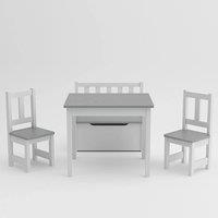 ERGOVEXA Wooden Table, 2 Chairs Toy Storage Bench Activity Set White Grey