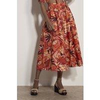 Apricot Women's Tropical Leaf Patchwork Cotton Midi Skirt in Red | Size: 16