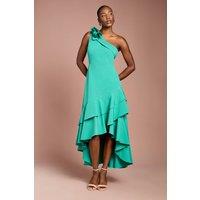 Coast Women's One Shoulder Corsage Ruffle Crepe Midi Dress in Teal | Size: 8