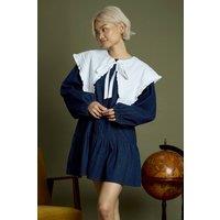 Neon Rose Women's Cotton Denim Oversized Collar Mini Smock Dress in Indigo | Size: Small