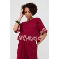 Raffya Women's Milly Embroidered Split Open Back Blouse in Burgundy | Size: 8
