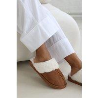 Where's That From Women's 'Xandra' Suede Mule Slippers With Cosy Faux Fur Trim in Brown | Size: 4