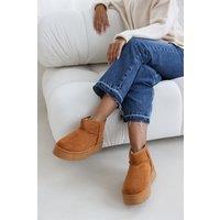Where's That From Women's 'Suri' Mini Faux-Suede Fur Lined Platform Ankle Slipper Boots in Brown | Size: 7
