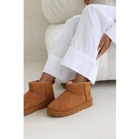Where's That From Women's 'Taliah' Mini Faux-Suede Fur Lined Ankle Slipper Boots in Light Brown | Size: 6