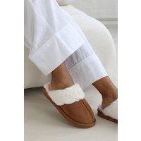 Where's That From Women's 'Dione' Faux Fur Trim Mule Slipper in Light Brown | Size: 4