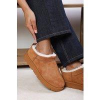 Where's That From Women's 'Avara' Cosy Fur Lined Suede Micro Ankle Mules in Tan | Size: 5