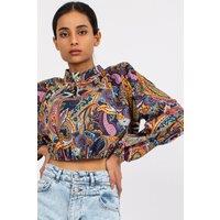 Love Lace Women's Stand Collar Short Blouse with Long Sleeves in Blue