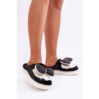 Love Lace Women's Cozy Fur Slippers with Bow Thick Sole Warm Toe Cover Comfort in Black | Size: 6
