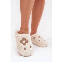 Love Lace Women's Fur Lined Floral Step Slippers for Cozy Home Comfort Evenings in Beige | Size: 6