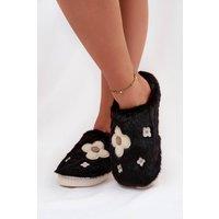 Love Lace Women's Fur Floral Step Slippers Warm Cozy Soft Indoor Footwear in Black | Size: 6